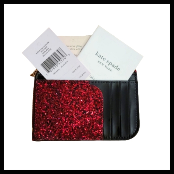 Kate Spade L-Zip Card Holder Wallet Odette Black Cherry Glitter - Picture 4 of 7